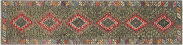 Flat Weave Kilim, Antique, Navaho, Vintage, Handmade, Geometric Kilim Gray Red Hand-Woven Runner 100% Wool Area Rug 3 x 10